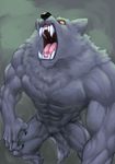  abs biceps big_muscles black_nose canine captainjohkid claws digital_media_(artwork) digitigrade fangs fur grey_background grey_fur howl huge_muscles looking_up male mammal muscular naturally_censored no_pupils nude open_mouth orange_eyes pecs pose saliva sharp_teeth simple_background solo standing teeth tongue were werewolf whiskers 