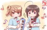  ahoge alternate_costume blue_eyes blush_stickers braid brown_eyes brown_hair commentary_request dated eighth_note hair_bun hair_over_shoulder hair_ribbon highres instrument kanon_(kurogane_knights) kantai_collection keyboard_(instrument) kindergarten_uniform light_brown_hair long_hair long_sleeves melodica michishio_(kantai_collection) mouth_hold multiple_girls musical_note quarter_note recorder ribbon shigure_(kantai_collection) short_sleeves short_twintails twintails younger 