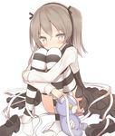  bandages blush brown_eyes brown_hair girls_und_panzer hair_ribbon hairband knees_to_chest knees_together_feet_apart leg_hug long_hair long_sleeves looking_at_viewer ribbon shimada_arisu shirt shoes_removed shuuichi_(gothics) sitting skirt solo striped striped_legwear stuffed_animal stuffed_toy teddy_bear twintails 