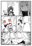  4koma ahoge black_dress black_hair bodystocking breasts child_drawing claws comic commentary covered_mouth crying detached_sleeves drawing dress glowing glowing_eyes gothic_lolita horn horns isolated_island_oni kantai_collection large_breasts lolita_fashion long_hair mittens multiple_girls northern_ocean_hime pale_skin red_eyes ribbed_dress seaport_hime shinkaisei-kan short_dress simple_background sleeveless sleeveless_dress sparkle tears translated trembling very_long_hair white_background white_dress white_hair white_skin yuzuki_gao 