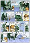  2016 abs annoyed anthro biceps big_muscles blue_eyes brown_eyes claws comic crossed_arms dragon duo english_text farin fur geminisaint green_scales grin hand_on_shoulder horn male muscular nipples orange_fur partially_submerged pecs scales scalie sekk&#039;ral size_difference smile splash_battle splashing surprise text water wet wings 