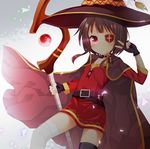  bandages belt black_hair black_legwear blush cape collar commentary dress fingerless_gloves gloves glowing glowing_eye hat kono_subarashii_sekai_ni_shukufuku_wo! looking_at_viewer maccha megumin red_dress red_eyes short_hair single_thighhigh solo staff thighhighs v witch_hat 