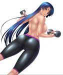  ass back blue_hair breasts curvy dumbbell female huge_ass kagami_hirotaka large_breasts lilith-soft long_hair looking_at_viewer red_eyes shiny_skin skin_tight solo sportswear sweat taimanin_asagi taimanin_asagi_battle_arena taimanin_murasaki topless yatsu_murasaki yoga_pants 