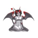  anthro black_hair boots bottomless breasts canine claws clothed clothing demon erika_(xcxeon) female footwear fox hair hi_res horn kneeling looking_at_viewer mammal multicolored_hair pira red_eyes red_hair simple_background solo spade_tail thigh_gap tongue white_background wings ♀ 