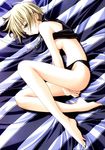  amane_sou black_legwear black_shirt blonde_hair breasts brown_eyes chain hair_over_one_eye highres lying medium_breasts on_side original scan shirt shirt_lift short_hair sideboob solo 