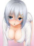  all_fours bangs blue_eyes blush breasts collarbone drooling eyebrows_visible_through_hair eyes_visible_through_hair gradient gradient_background hair_ornament hairclip hamakaze_(kantai_collection) hanging_breasts kantai_collection large_breasts long_sleeves looking_at_viewer naked_shirt nose_blush open_mouth pink_background saliva shirt short_hair silver_hair simple_background solo tapisuke unbuttoned unbuttoned_shirt white_background white_shirt 