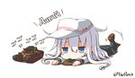  black_legwear blue_eyes blush_stickers chibi flat_cap food ground_vehicle hammer_and_sickle hat hibiki_(kantai_collection) kantai_collection long_hair lying military military_vehicle motor_vehicle mouth_hold on_stomach pantyhose pleated_skirt russian school_uniform senbei serafuku silver_hair simple_background skirt solo star tank twitter_username type_89_i-gou verniy_(kantai_collection) yaosera 