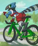  2016 4_fingers anthro avian bicycle bird blue_jay bulge butt clothed clothing corvid female gloves green_eyes liquidrabbit looking_back outside pointing presenting presenting_hindquarters smile solo tanya teeth 