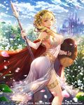 2016 ass blonde_hair braid breasts cape castle cleavage dated detached_sleeves dress eu_(euspia) flower green_eyes hair_flower hair_ornament hair_over_shoulder hairband large_breasts leaf long_hair looking_at_viewer lost_crusade official_art polearm shield side_slit single_braid smile solo spear thigh_strap weapon white_dress 