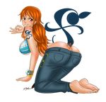  1boy 1girl all_fours ass bare_shoulders barefoot between_buttocks bikini_top blush breasts butt_crack compass erect_nipples femdom from_behind grin huge_ass jeans large_breasts long_hair looking_back miniboy nami_(one_piece) one_piece orange_eyes orange_hair pants shiny shiny_skin short_hair sideboob smile tattoo transparent_background 