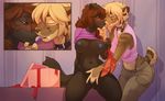  blonde_hair breasts brown_hair collar f-r95 falla feline fingering fur gift hair kissing mammal saber-toothed_cat sherri_mayim 