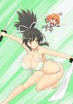  :&lt; ass asuka_(senran_kagura) bare_shoulders barefoot bikini black_hair blush bra breasts brown_eyes butt_crack chibi choujigen_game_neptune compile_heart crossover dimples_of_venus dual_wielding hair_ribbon harada_hitomi huge_breasts idea_factory long_hair marvelousaql_(choujigen_game_neptune) multiple_girls mutsuya neptune_(series) open_mouth orange_eyes orange_hair panties ponytail ribbon seiyuu_connection senran_kagura senran_kagura_(series) shiny shiny_clothes shiny_skin smile striped striped_bra striped_panties swimsuit sword triangle_mouth weapon 