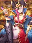  black_footwear blue_eyes boots braid breasts cape cleavage cup drinking_glass fate/extra fate/grand_order fate_(series) francis_drake_(fate) gem goblet gold gun hat highres holding holding_gun holding_weapon jewelry knee_boots large_breasts long_hair looking_at_viewer pink_hair pirate_hat scar shao_(newton) smile solo treasure_chest weapon 