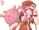  :d ;d alternate_costume baseball_cap blue_eyes blush commentary_request corsola cosplay dated gen_2_pokemon hair_ribbon hand_on_headwear hat highres kanon_(kurogane_knights) kantai_collection kawakaze_(kantai_collection) long_hair looking_at_viewer low_twintails one_eye_closed open_mouth pointing_finger pointy_ears pokemon pokemon_(creature) red_(pokemon) red_(pokemon)_(cosplay) red_hair ribbon short_sleeves smile twintails very_long_hair |_| 
