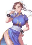  bangs blue_dress blush bracelet breasts brown_eyes brown_hair bun_cover china_dress chinese_clothes chun-li closed_mouth contrapposto cowboy_shot crescent double_bun dress earrings eyebrows eyebrows_visible_through_hair eyelashes frown hair_ribbon hand_on_hip head_tilt holding jewelry large_breasts looking_at_viewer meto31 no_legwear pearl_earrings pelvic_curtain pink_lips puffy_short_sleeves puffy_sleeves ribbon sash short_sleeves simple_background solo spiked_bracelet spikes standing street_fighter white_background white_ribbon 
