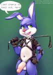  anthro balls bastion bdsm big_penis blue_fur buckteeth buster_bunny clothing cock_ring collar cub dialogue foreskin fur gloves green_eyes half-erect jacket lagomorph leather looking_at_viewer male mammal navel open_mouth penis rabbit riding_crop simple_background solo spikes standing teeth tiny_toon_adventures warner_brothers warning whip young 