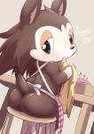 animal_crossing anthro apron blush butt character_name clothing english_text eulipotyphlan female hair half-closed_eyes hedgehog kemono looking_back mammal naked_apron nintendo open_mouth rear_view sable_able sitting solo stool text ukan_muri video_games 