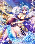  2016 blue_eyes blue_hair breasts choker cleavage dated dress eu_(euspia) hair_ornament jewelry large_breasts long_hair lost_crusade necklace official_art pouring shawl sitting solo splashing strapless strapless_dress vase very_long_hair water 