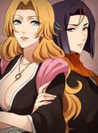  1girl ayasegawa_yumichika bleach blonde_hair blue_eyes breasts cleavage crossed_arms japanese_clothes large_breasts long_hair matsumoto_rangiku mole mole_under_mouth purple_eyes purple_hair yukin_(es) 