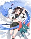  arm_up articuno bird black_hair black_skirt brown_eyes commentary crossover fubuki_(kantai_collection) gen_1_pokemon gen_2_pokemon highres kantai_collection legendary_pokemon looking_at_viewer master_ball midriff mtu_(orewamuzituda) navel open_mouth pleated_skirt poke_ball pokemon pokemon_(creature) remodel_(kantai_collection) school_uniform serafuku short_hair skirt smile sneasel 