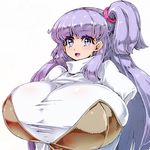  1girl breasts female gigantic_breasts long_hair looking_at_viewer open_mouth ponytail purple_eyes purple_hair sentarou side_ponytail smile solo 