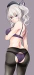  blue_eyes bra hat highres kantai_collection kashima_(kantai_collection) looking_back panties pantyhose silver_hair smile solo torn_clothes torn_legwear underwear underwear_only wavy_hair yoshiki360 