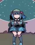  backpack bag bare_legs blue_dress blue_eyes blue_footwear blue_hair blush_stickers boots dress flat_cap full_body hair_bobbles hair_ornament hat jpeg_artifacts kawashiro_nitori key long_sleeves looking_afar looking_up nagomibako_(nagomi-99) night night_sky outdoors pocket rubber_boots short_hair sitting sky solo star_(sky) starry_sky thighs touhou twintails two_side_up 