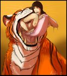  acidic big_breasts breasts drooling feline female human mammal open_mouth saliva scared size_difference tiger vore 
