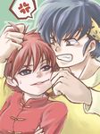  1boy 1girl bandanna blue_eyes braid cheek_pinching chinese_clothes genderswap hair_grab hibiki_ryouga ranma-chan ranma_1/2 red_hair saotome_ranma single_braid tangzhuang upper_body 