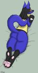  2016 ambiguous_gender bed black_fur blue_fur blush butt canine digital_media_(artwork) fur jackal lucario lying mammal nintendo pawpads paws pok&eacute;mon red_eyes selixjackal simple_background smile solo spikes video_games yellow_fur 