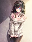  bare_shoulders black_hair blue_eyes blush breasts cleavage hairband idolmaster idolmaster_cinderella_girls jewelry large_breasts long_hair long_sleeves looking_at_viewer makirin necklace open_mouth pantyhose ribbed_sweater sagisawa_fumika solo sweater 