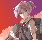  bangs black_vest blue_eyes cloud commentary_request dusk gloves hair_ornament highres kantai_collection looking_at_viewer neck_ribbon pink_hair ponytail red_neckwear red_ribbon ribbon shiranui_(kantai_collection) short_hair simple_background solo tsukamoto_minori turret upper_body vest white_gloves 