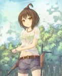  ahoge belt blush buckle day denim denim_shorts forest girlfriend_(kari) highres hikari_niji looking_at_viewer nature ooyama_mayuri outdoors plant see-through short_hair shorts solo standing tonfa tree weapon wet wet_clothes 