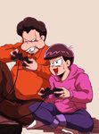  bad_id bad_twitter_id brown_hair buck_teeth extra fat fat_man hiroki_(kbys_snk10) hood hoodie indian_style kusosuke male_focus matsuno_todomatsu multiple_boys osomatsu-kun osomatsu-san playing_games playstation_controller sitting sweatdrop 