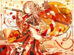  animal brown_hair elbow_gloves fan flowers gloves io_enishi katana long_hair original petals signed sword weapon yellow_eyes 