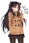  1girl arm_behind_back bangs beige_coat black_hair black_legwear black_ribbon black_skirt blush casual coat commentary_request duffel_coat fate/grand_order fate_(series) hair_ribbon hand_up highres ishtar_(fate/grand_order) korean_commentary korean_text long_hair long_sleeves looking_away miniskirt ndgd pantyhose pleated_skirt pocket raised_eyebrow red_eyes ribbon shiny shiny_hair shiny_legwear shirt shy sidelocks simple_background skirt solo standing translation_request two_side_up very_long_hair white_background white_shirt winter_clothes winter_coat 