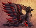  2016 anthro avian beak bird black_claws black_eyes black_feathers black_hair brown_background claws clothed clothing corvid english_text feathered_wings feathers hair jewelry kaylii long_hair looking_at_viewer male raven red_feathers red_sclera side_view signature simple_background solo text toe_claws wings 