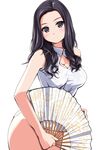  black_eyes black_hair blush bottomless breasts cleavage closed_mouth cowboy_shot fan floral_print folding_fan highres holding holding_fan large_breasts long_hair looking_at_viewer matsunaga_kouyou original shirt simple_background sleeveless sleeveless_shirt solo white_background 