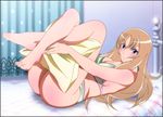  1girl aquila_yuna ass bare_arms bare_legs bare_shoulders barefoot bed bikini blonde_hair blue_eyes blush breasts cleavage feet highres indoors large_breasts legs legs_up long_hair looking_at_viewer lying on_back on_bed pillow saint_seiya saint_seiya_omega smile solo thighs toes yadokari_genpachirou 