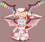  ascot bat_wings closed_eyes daidaiiro dress fangs flandre_scarlet hat highres lavender_hair looking_at_another mary_janes mob_cap multiple_girls open_mouth pink_dress red_dress red_eyes remilia_scarlet shirt shoes short_hair siblings simple_background sisters sitting skirt spread_wings touhou white_shirt wings 