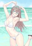  :d alternate_costume aqua_eyes aqua_hairband armpits arms_up bangs bare_shoulders beach bikini blue_sky blurry breasts brown_hair cloud collarbone day depth_of_field eyebrows eyebrows_visible_through_hair flip-flops glasses grin hair_between_eyes hairband head_tilt heart_arms highres kantai_collection large_breasts leg_up long_hair looking_at_viewer multi-strapped_bikini navel ocean ooyodo_(kantai_collection) open_mouth outdoors pink_lips sandals semi-rimless_eyewear sideboob sky smile solo stomach string_bikini swimsuit under-rim_eyewear water waves white_bikini yuuji_(and) 