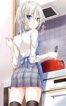  anastasia_(idolmaster) apron blue_eyes blush idolmaster idolmaster_cinderella_girls ladle looking_back oga_raito plaid plaid_skirt short_hair silver_hair skirt smile solo thighhighs 