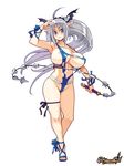  areola_slip areolae arm_ribbon bat_wings bikini blue_bikini blush breasts brown_eyes copyright_name covered_nipples end_breaker! full_body head_wings high_heels large_breasts leg_ribbon long_hair pointy_ears ponytail ribbon ryoji_(nomura_ryouji) silver_hair simple_background slingshot_swimsuit solo swimsuit torn_clothes torn_swimsuit whip_sword white_background wings 