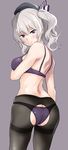  ass blue_eyes bra hat highres kantai_collection kashima_(kantai_collection) looking_back panties pantyhose silver_hair smile solo torn_clothes torn_legwear underwear underwear_only wavy_hair yoshiki360 