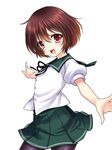  :d asazuki_kanai blush brown_eyes brown_hair gradient_hair hair_between_eyes kantai_collection looking_at_viewer multicolored_hair mutsuki_(kantai_collection) open_mouth outstretched_arms outstretched_hand pantyhose pleated_skirt school_uniform serafuku short_hair simple_background skirt smile solo twitter_username white_background 