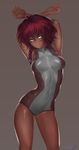  absurdres aqua_eyes arched_back armpits arms_behind_head arms_up ass_visible_through_thighs braid breasts contrapposto covered_nipples dark_skin highres looking_at_viewer mayhem medium_breasts original red_hair short_hair single_braid skin_tight solo standing swimsuit 