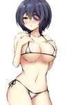  bikini blush breasts don_(29219) eyepatch kantai_collection large_breasts looking_at_viewer micro_bikini midriff navel no_headgear purple_hair short_hair solo sweatdrop swimsuit tenryuu_(kantai_collection) white_bikini yellow_eyes 