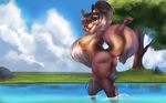  anthro big_breasts big_butt breasts butt canine cute female fur hair higgyy long_hair looking_at_viewer mammal nipples nude open_mouth outside slightly_chubby smile solo thick_thighs water 