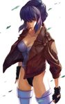  breasts cleavage ghost_in_the_shell ghost_in_the_shell_stand_alone_complex gloves highres hikonyaaa jacket kusanagi_motoko leotard medium_breasts purple_hair purple_leotard red_eyes short_hair solo wind 