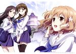  absurdres bag black_eyes black_legwear blue_skirt braid brown_hair hair_ornament hair_over_shoulder hanasaku_iroha highres ishii_yuriko long_hair matsumae_ohana multiple_girls official_art open_mouth oshimizu_nako pleated_skirt scan school_bag school_uniform serafuku shirt short_hair skirt smile thighhighs tsurugi_minko twin_braids wavy_hair white_shirt wind 